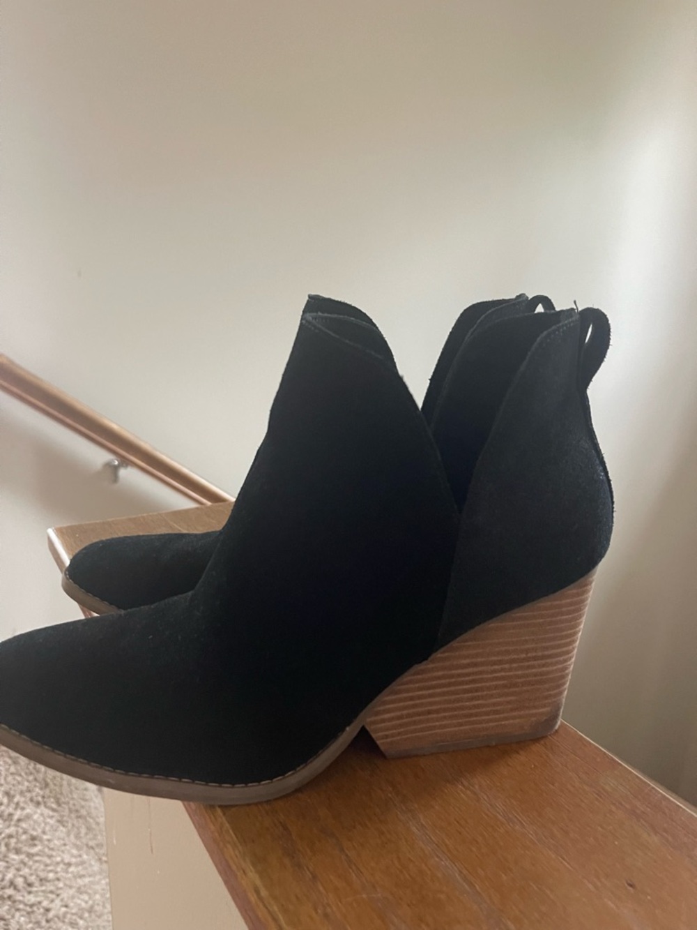Toms Black Suede Cutout Ankle Booties with Stacked Heel
